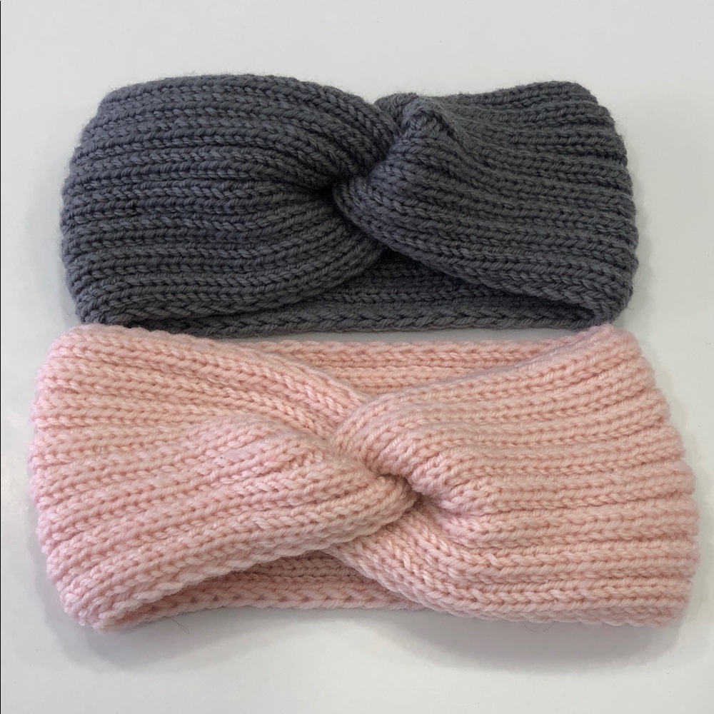Set of 2 Women’s Soft-Knit Twist Headbands – Gray & Pink – O/S